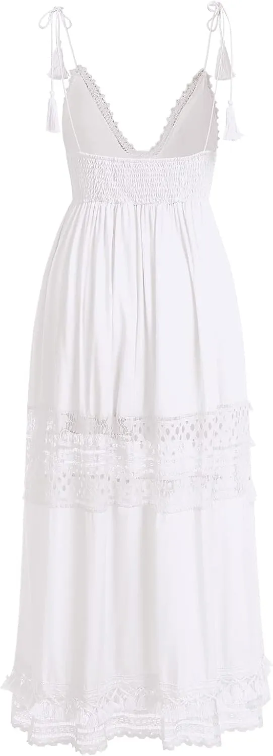 ABOCIW Women's Boho Maxi Dress Lace Up Tassel V-Neck Flare Ruffle Fringed Beach Summer Dresses