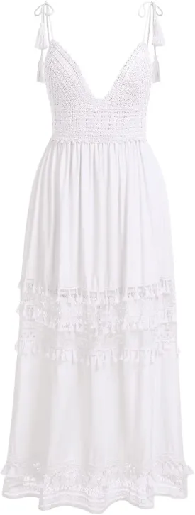 ABOCIW Women's Boho Maxi Dress Lace Up Tassel V-Neck Flare Ruffle Fringed Beach Summer Dresses