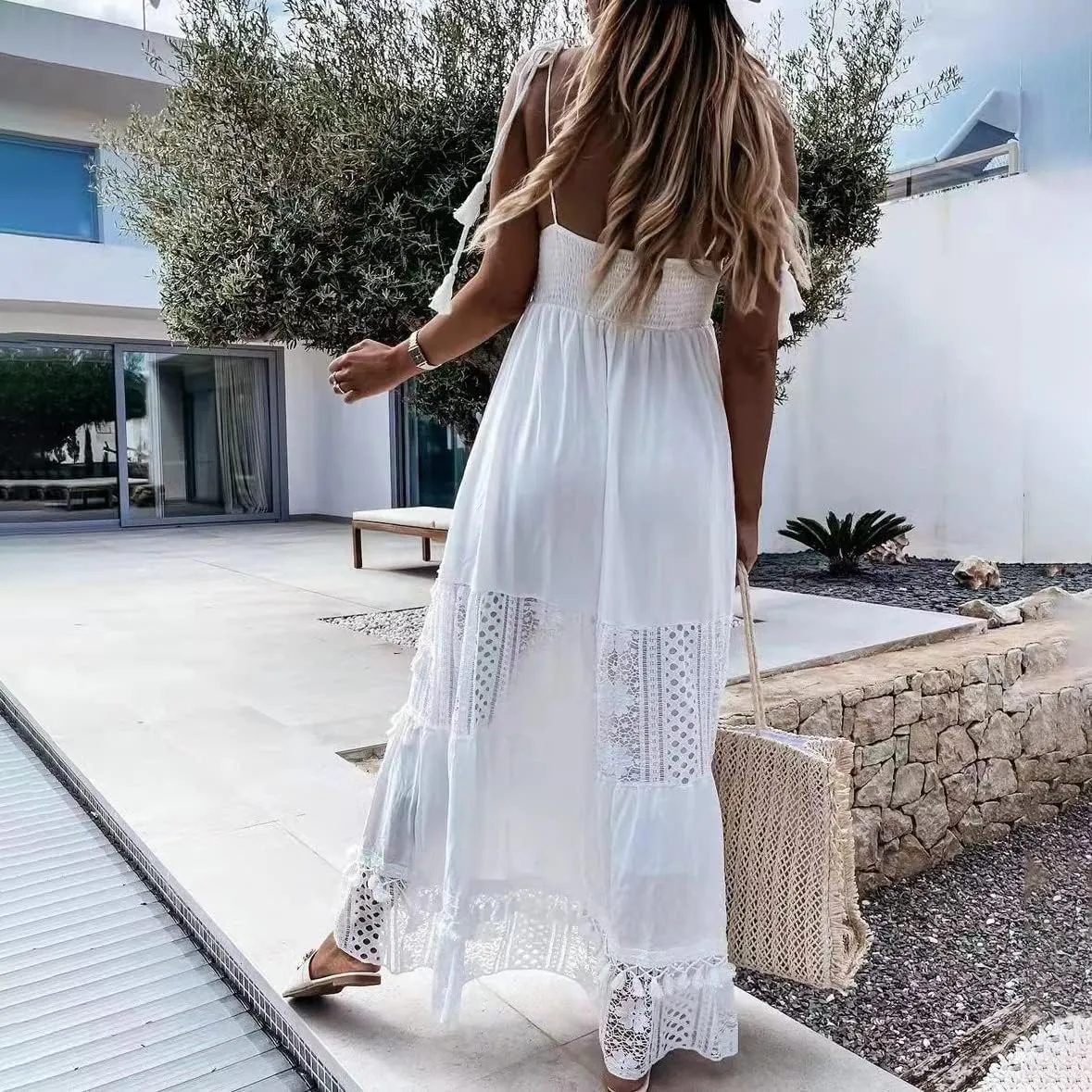 ABOCIW Women's Boho Maxi Dress Lace Up Tassel V-Neck Flare Ruffle Fringed Beach Summer Dresses