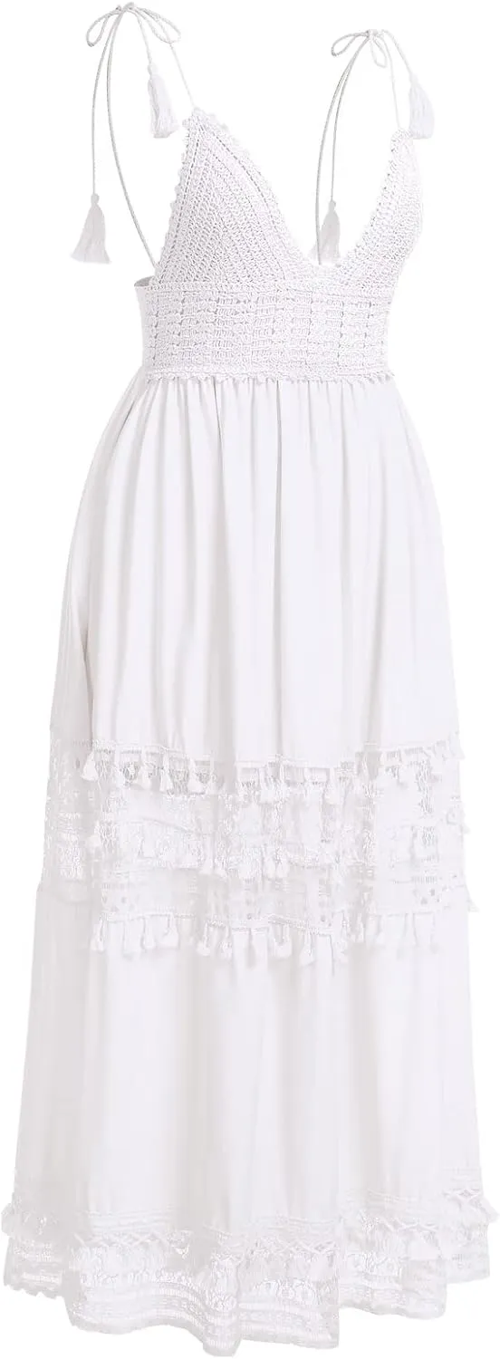 ABOCIW Women's Boho Maxi Dress Lace Up Tassel V-Neck Flare Ruffle Fringed Beach Summer Dresses
