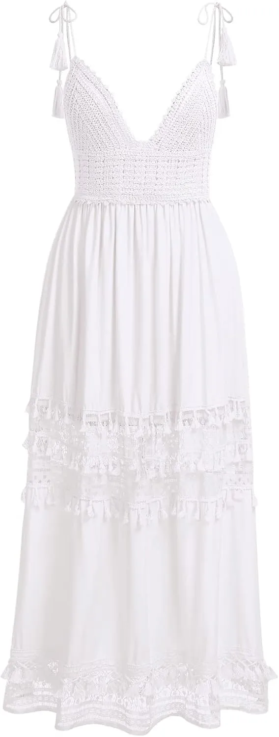 ABOCIW Women's Boho Maxi Dress Lace Up Tassel V-Neck Flare Ruffle Fringed Beach Summer Dresses