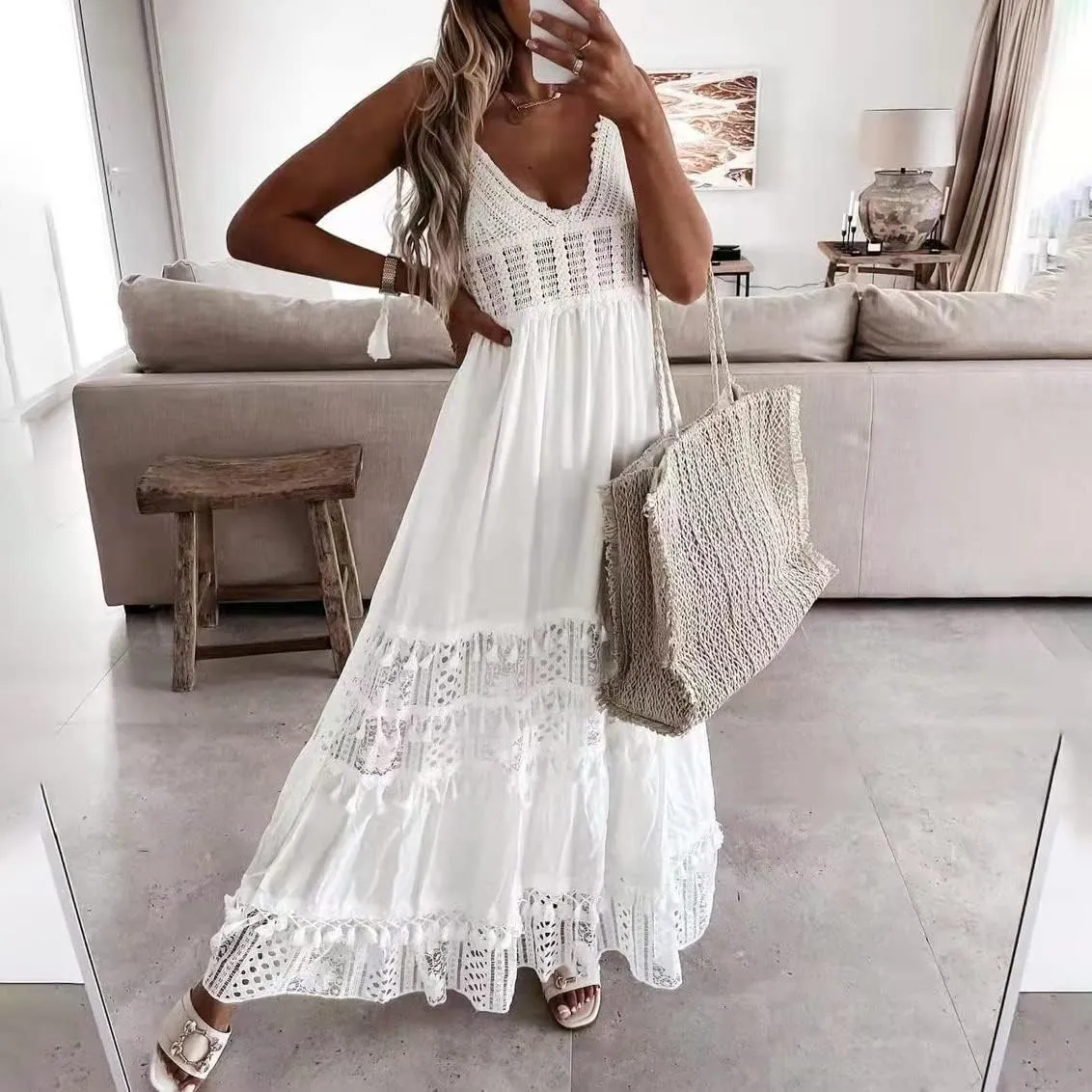 ABOCIW Women's Boho Maxi Dress Lace Up Tassel V-Neck Flare Ruffle Fringed Beach Summer Dresses