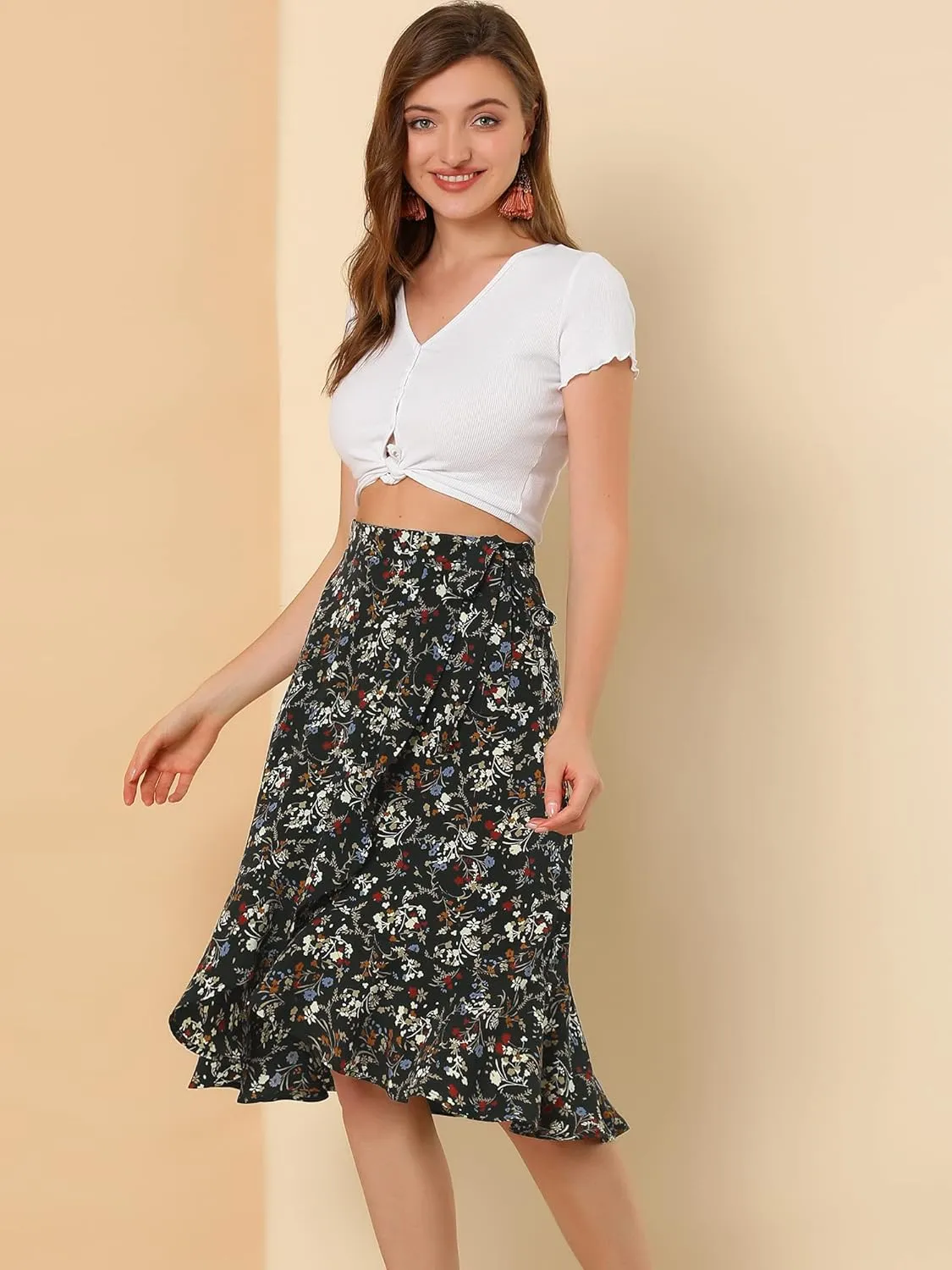 Allegra K Women's Floral Printed Self Tie Knot High-Low Ruffle Hem Wrap Skirt