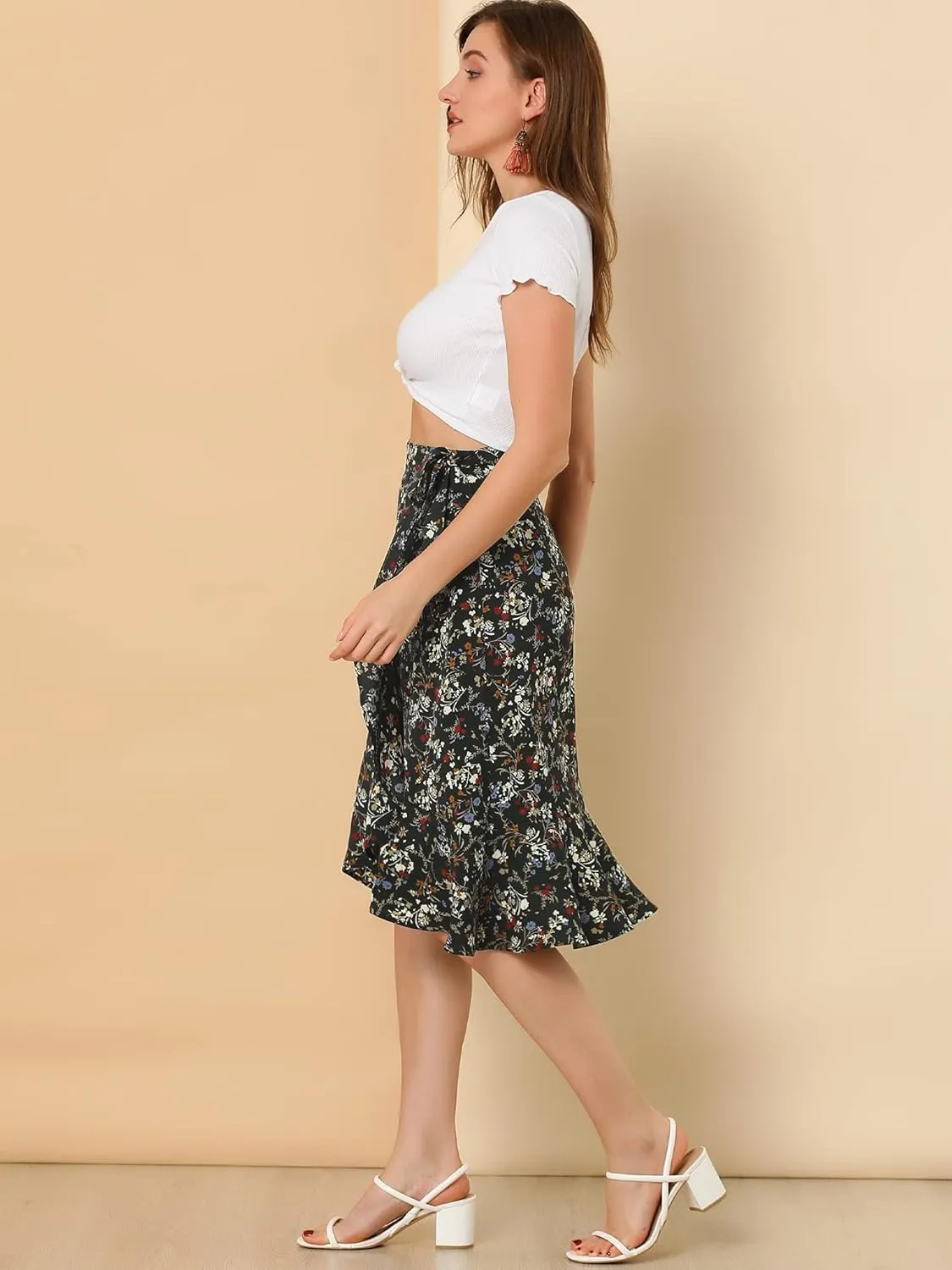 Allegra K Women's Floral Printed Self Tie Knot High-Low Ruffle Hem Wrap Skirt