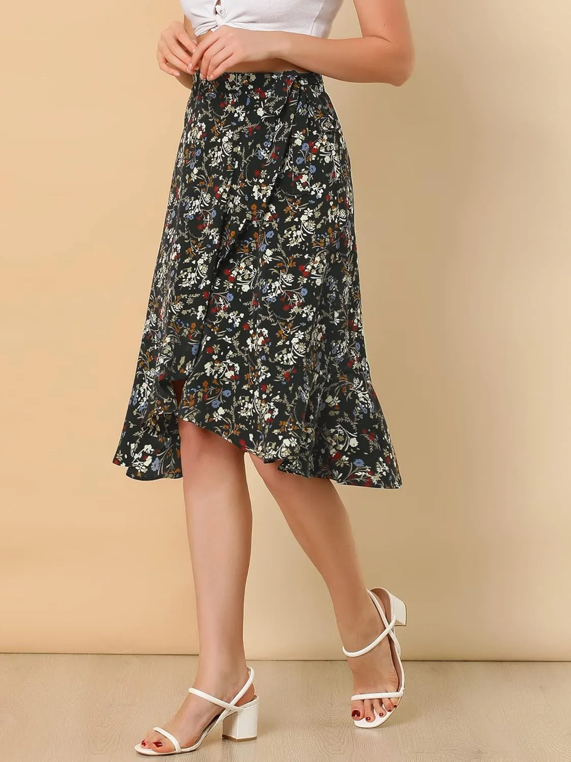 Allegra K Women's Floral Printed Self Tie Knot High-Low Ruffle Hem Wrap Skirt