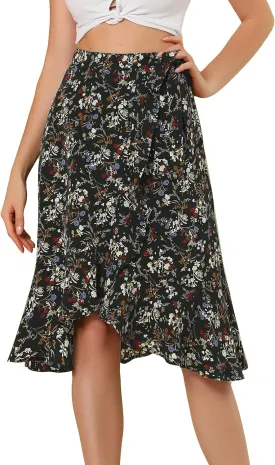 Allegra K Women's Floral Printed Self Tie Knot High-Low Ruffle Hem Wrap Skirt