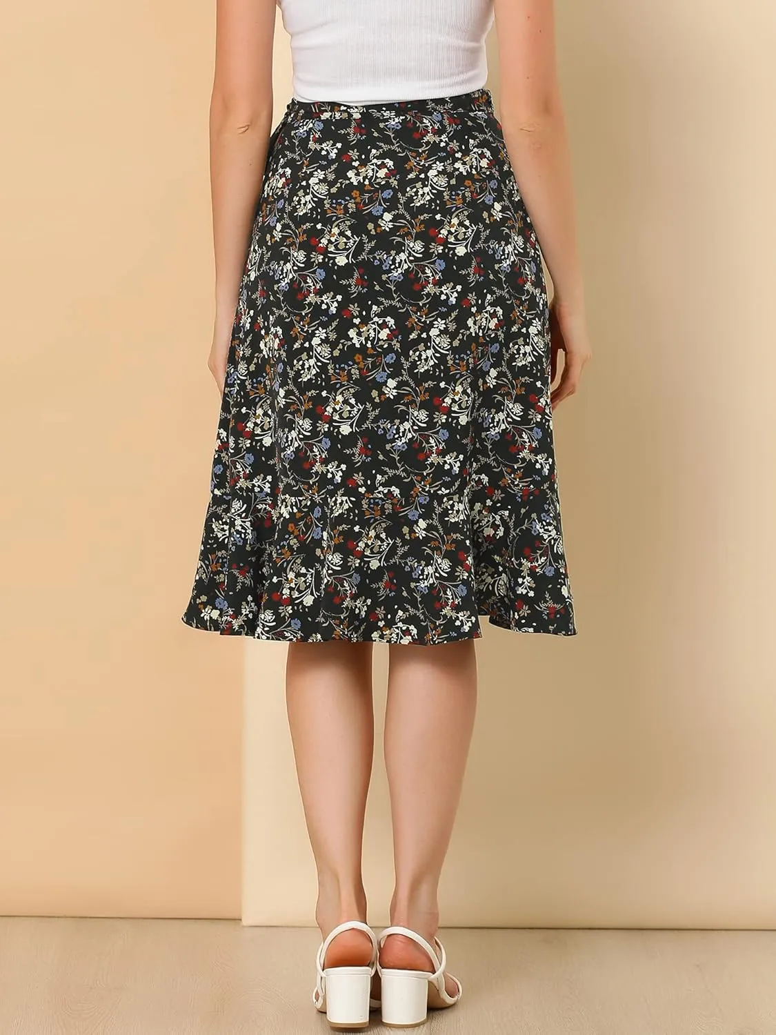 Allegra K Women's Floral Printed Self Tie Knot High-Low Ruffle Hem Wrap Skirt