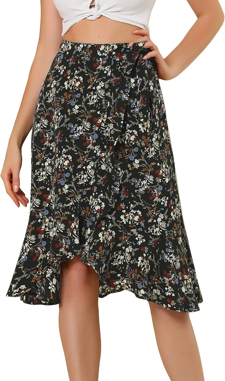 Allegra K Women's Floral Printed Self Tie Knot High-Low Ruffle Hem Wrap Skirt