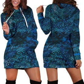 Blue Mandala Hoodie Dress | Longline Hoodie Sweatshirt XS