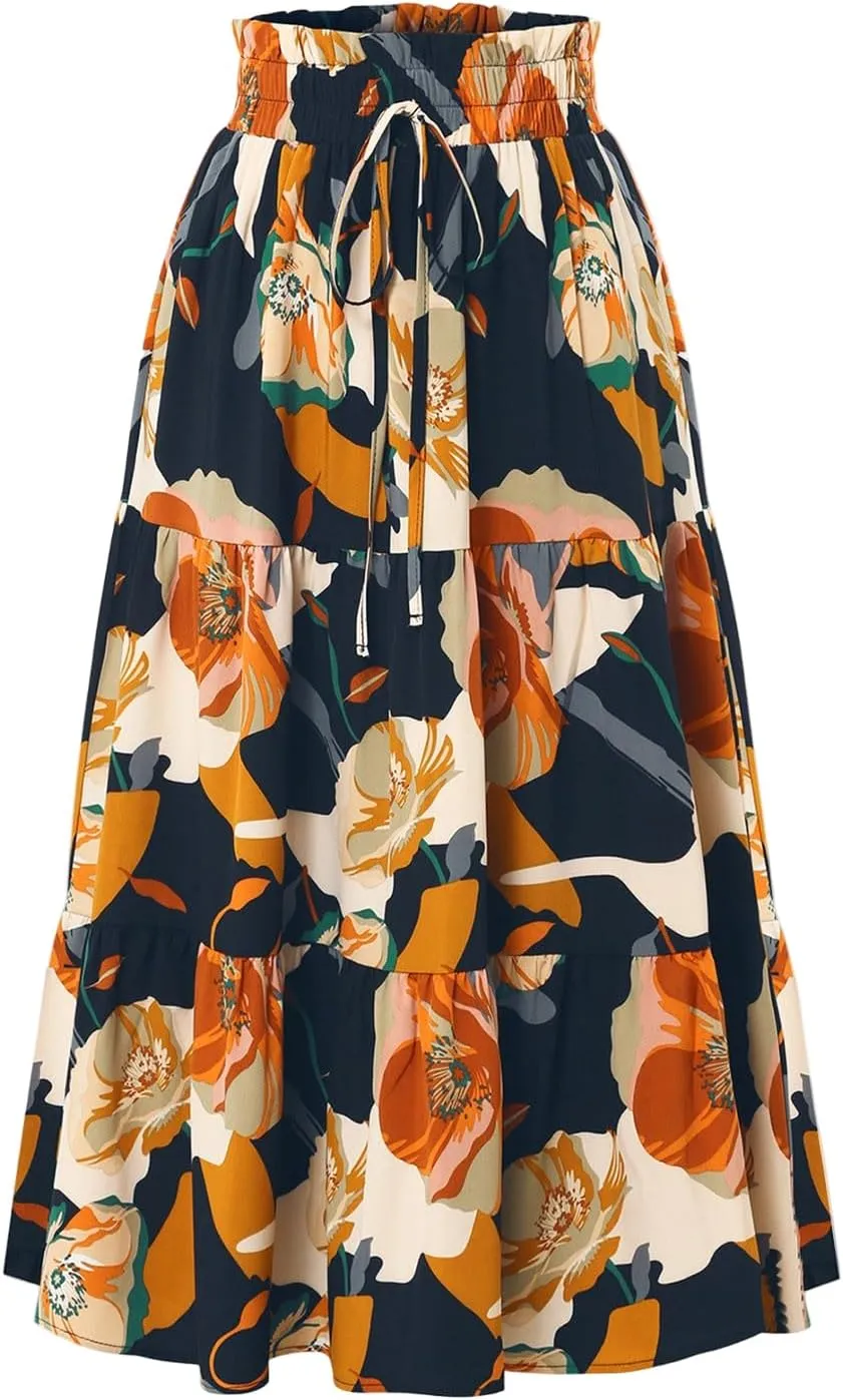 Boho Midi Skirts for Women Summer Layered Tiered Drawstring High Waist Above Knee Skirts Aline Work Floral Print Skirt