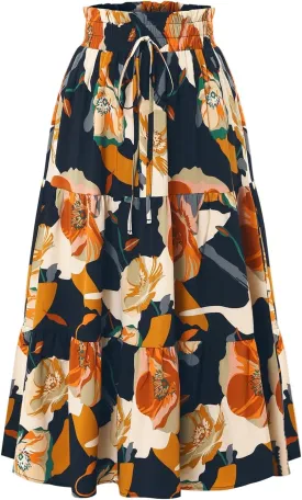 Boho Midi Skirts for Women Summer Layered Tiered Drawstring High Waist Above Knee Skirts Aline Work Floral Print Skirt