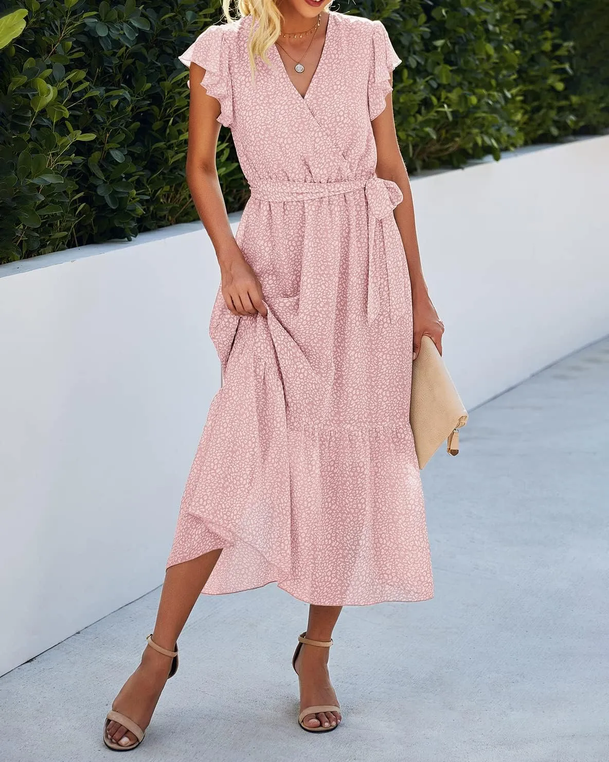 BTFBM Women Summer Bohemian Floral Casual Wrap V Neck Ruffle Cap Sleeveless Belt A-Line Pleated Hem Midi Sun Dress White