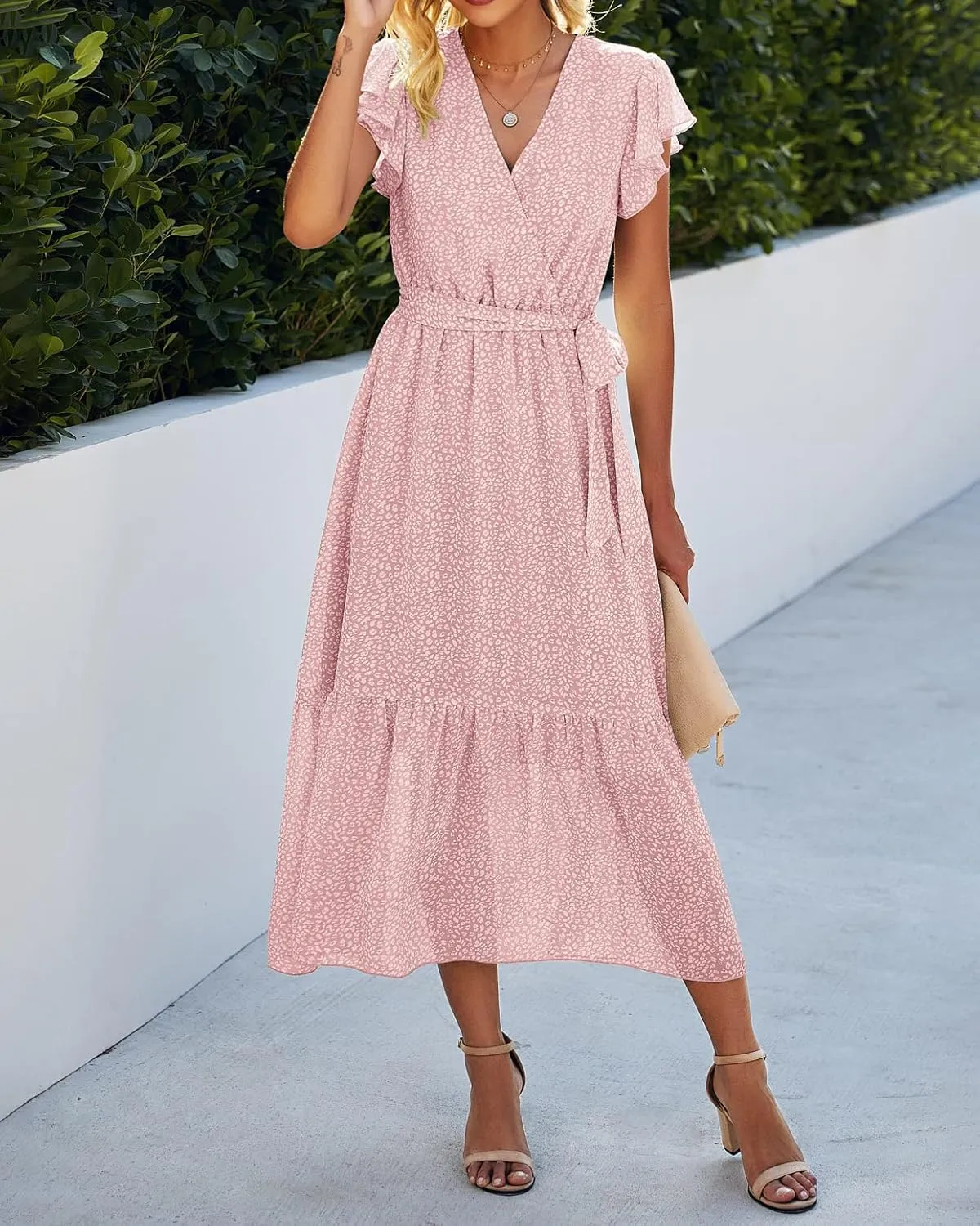 BTFBM Women Summer Bohemian Floral Casual Wrap V Neck Ruffle Cap Sleeveless Belt A-Line Pleated Hem Midi Sun Dress White