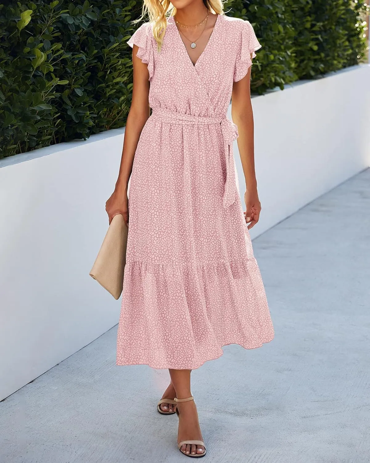 BTFBM Women Summer Bohemian Floral Casual Wrap V Neck Ruffle Cap Sleeveless Belt A-Line Pleated Hem Midi Sun Dress White