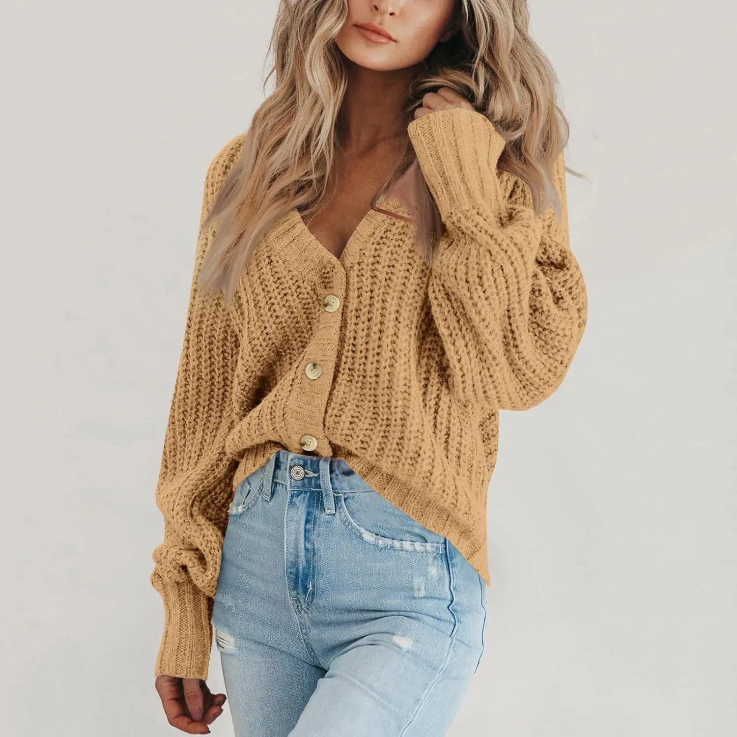 Button Up Sweaters for Woman Lightweight Cable Knit Cardigan Sweater V Neck Casual Chunky Knit Coat Fall Clothes