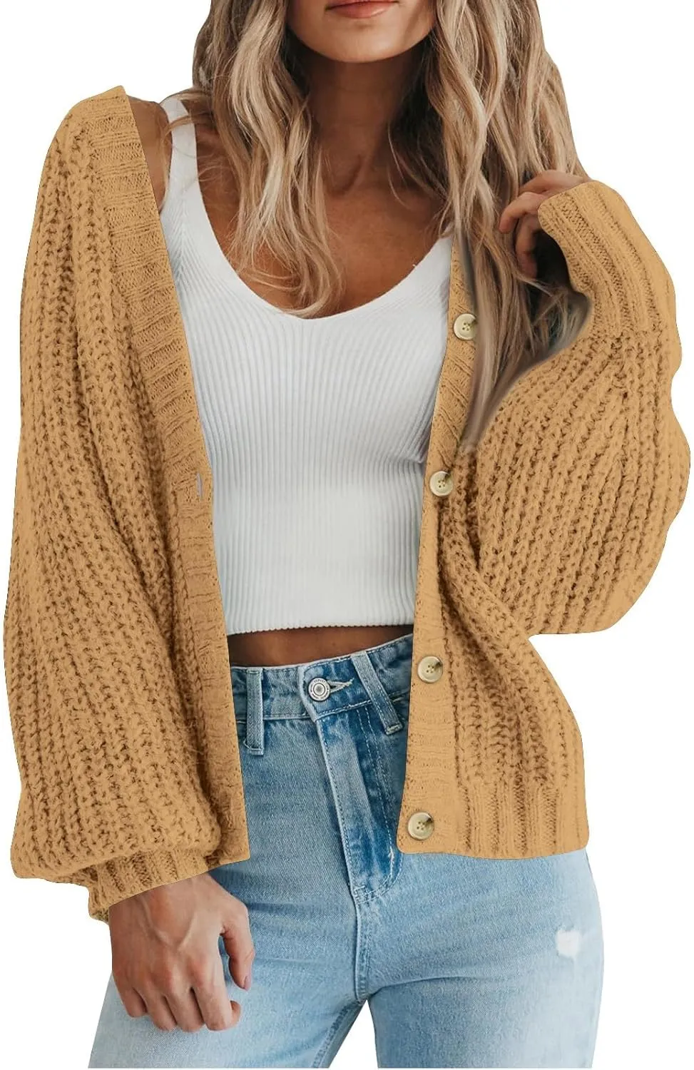 Button Up Sweaters for Woman Lightweight Cable Knit Cardigan Sweater V Neck Casual Chunky Knit Coat Fall Clothes