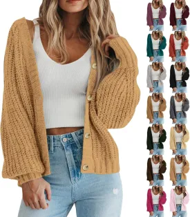 Button Up Sweaters for Woman Lightweight Cable Knit Cardigan Sweater V Neck Casual Chunky Knit Coat Fall Clothes