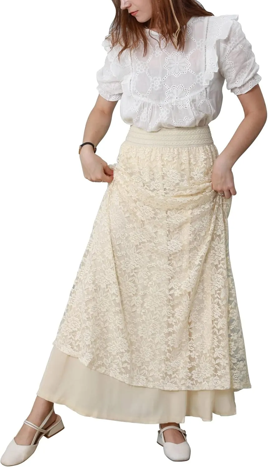CHARTOU Womens Elegant Floral Lace Elastic High Waist Pleated Maxi Long Beach Skirts