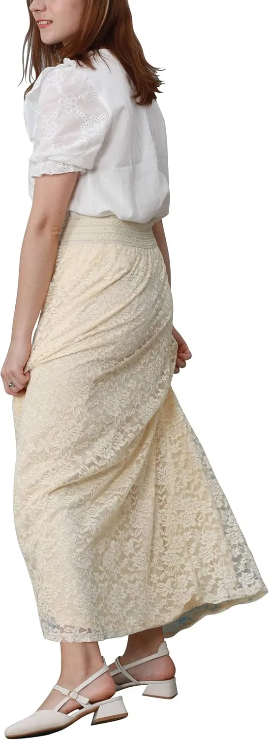 CHARTOU Womens Elegant Floral Lace Elastic High Waist Pleated Maxi Long Beach Skirts