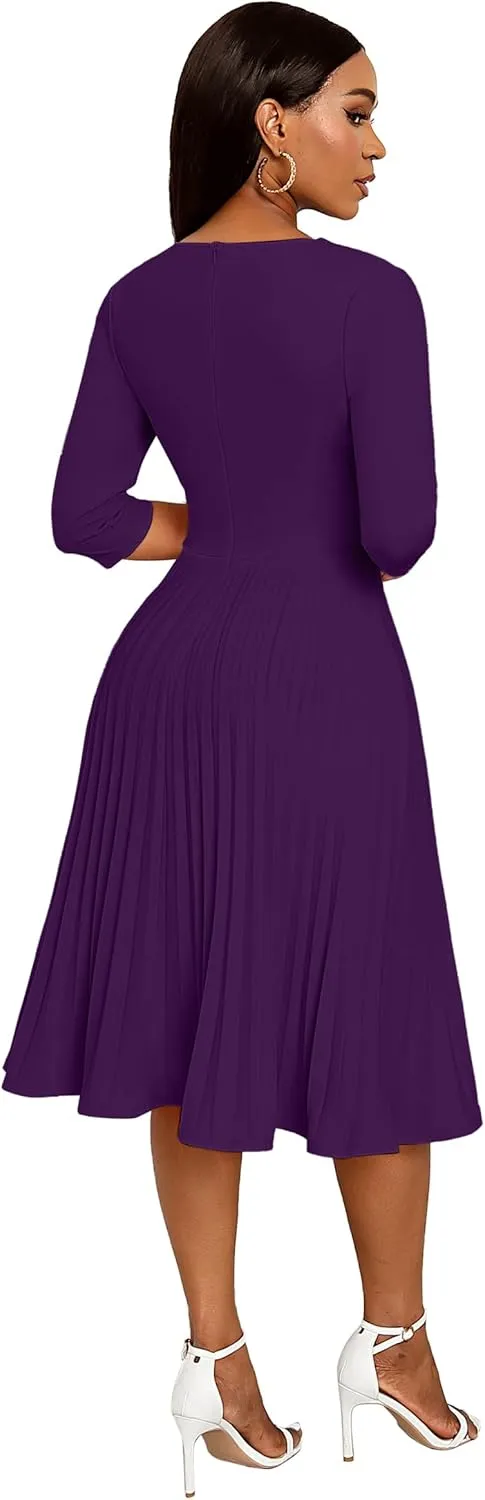 CLOCOR Midi Dresses for Women Casual Wrap Flared Pleated Dress A Line 3/4 Sleeve V Neck Church Cocktail Wedding Guest Dress