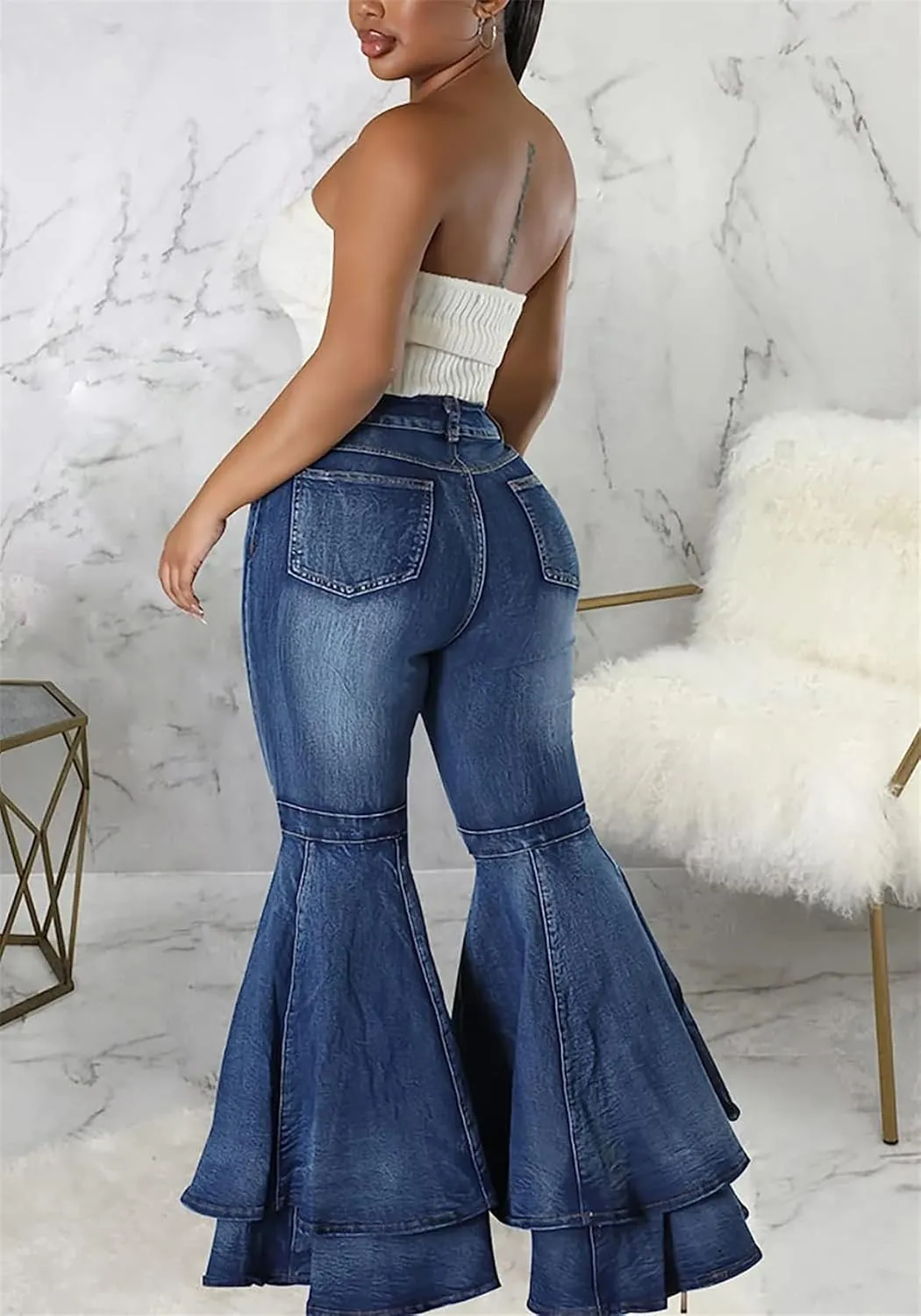 Cute Bell Bottom Jeans for Women High Waist Flare Jeans Patchwork Pleated Layered Ruffle Hem Wide Leg Denim Long Pants