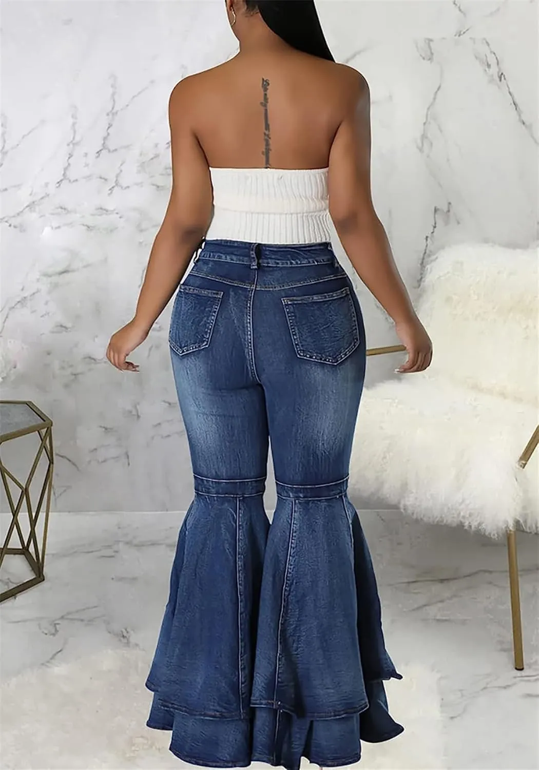Cute Bell Bottom Jeans for Women High Waist Flare Jeans Patchwork Pleated Layered Ruffle Hem Wide Leg Denim Long Pants