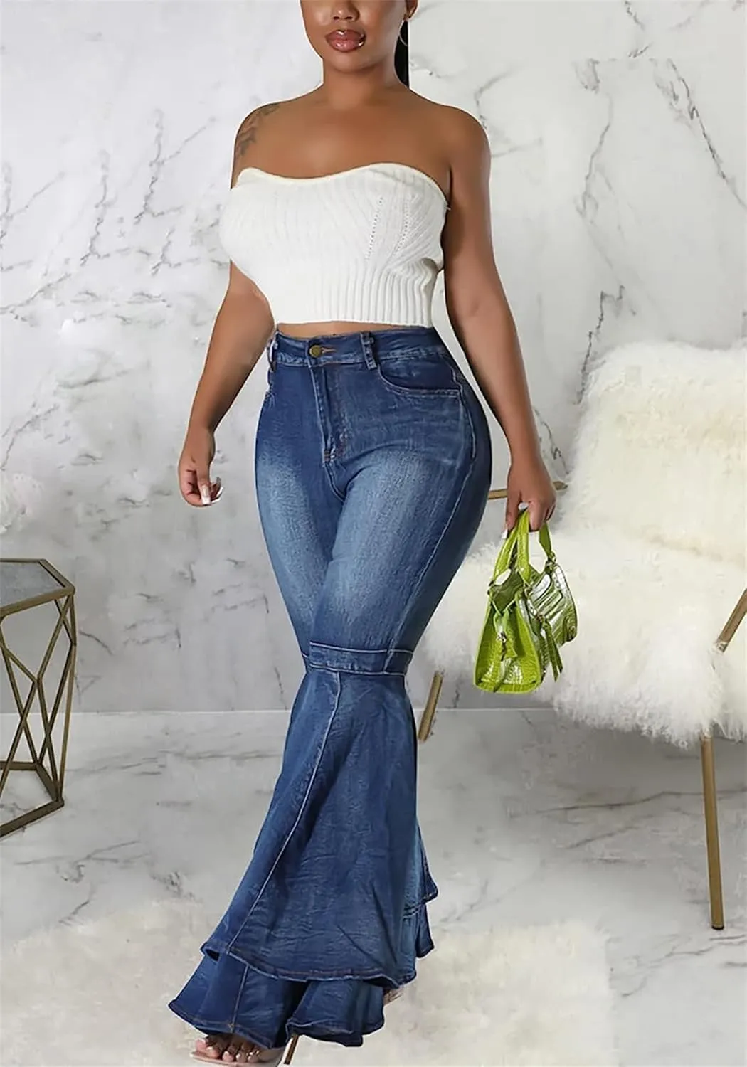 Cute Bell Bottom Jeans for Women High Waist Flare Jeans Patchwork Pleated Layered Ruffle Hem Wide Leg Denim Long Pants