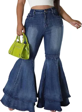 Cute Bell Bottom Jeans for Women High Waist Flare Jeans Patchwork Pleated Layered Ruffle Hem Wide Leg Denim Long Pants
