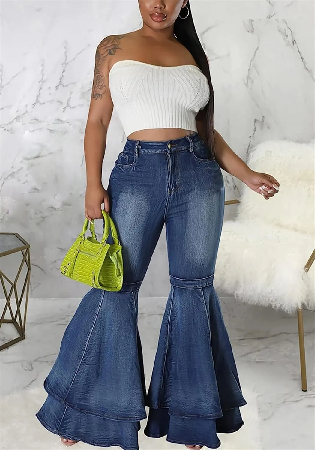 Cute Bell Bottom Jeans for Women High Waist Flare Jeans Patchwork Pleated Layered Ruffle Hem Wide Leg Denim Long Pants