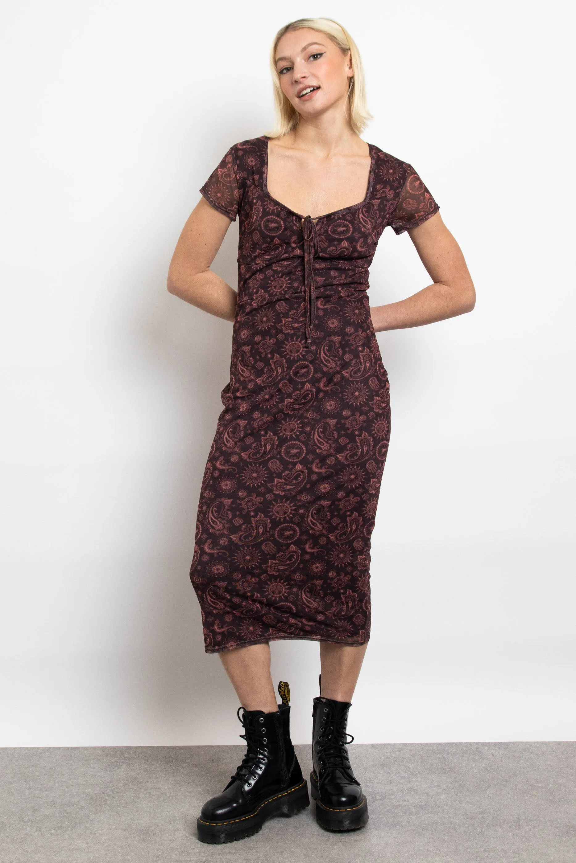 Daisy Street Mesh Short Sleeve Midi Dress