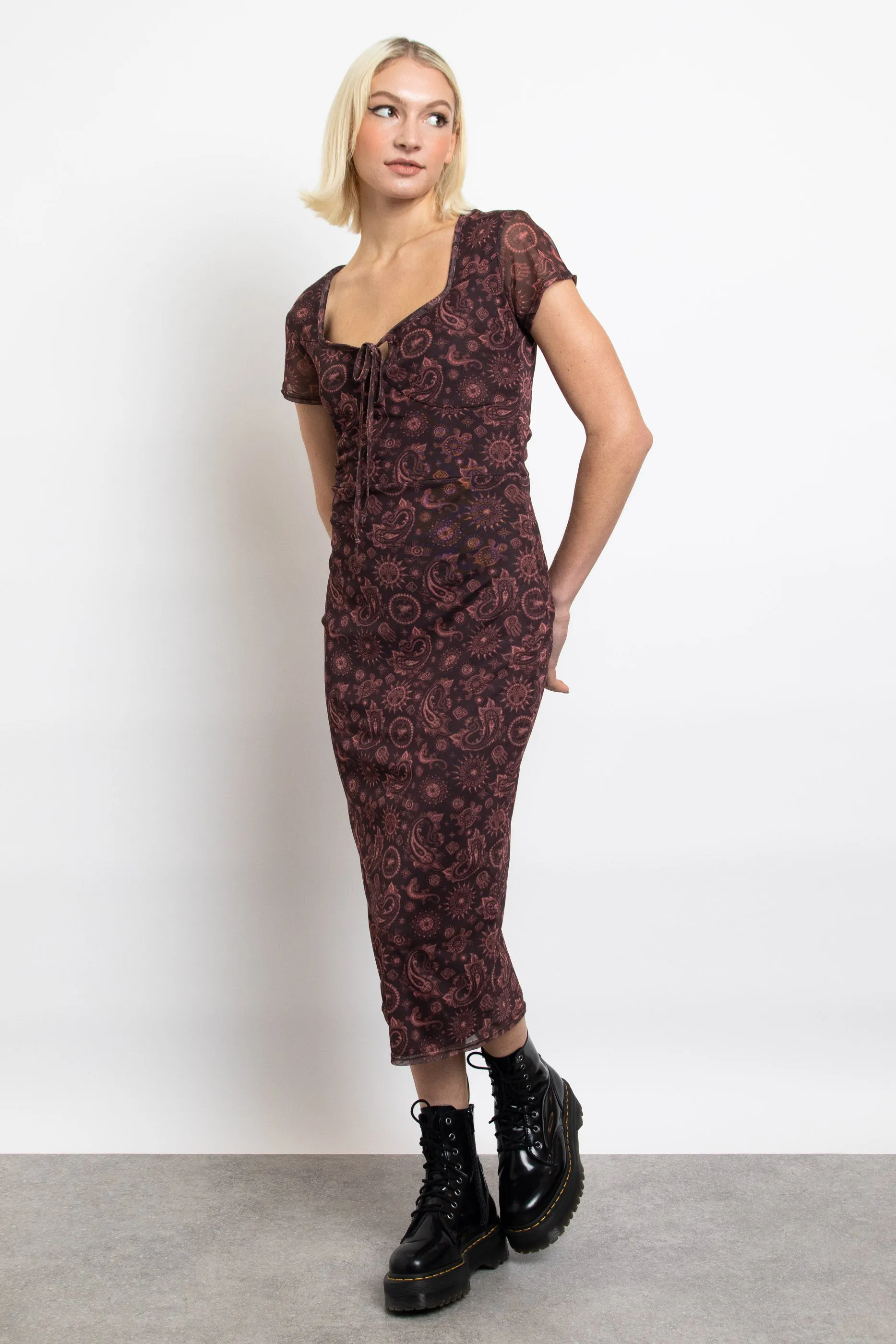 Daisy Street Mesh Short Sleeve Midi Dress