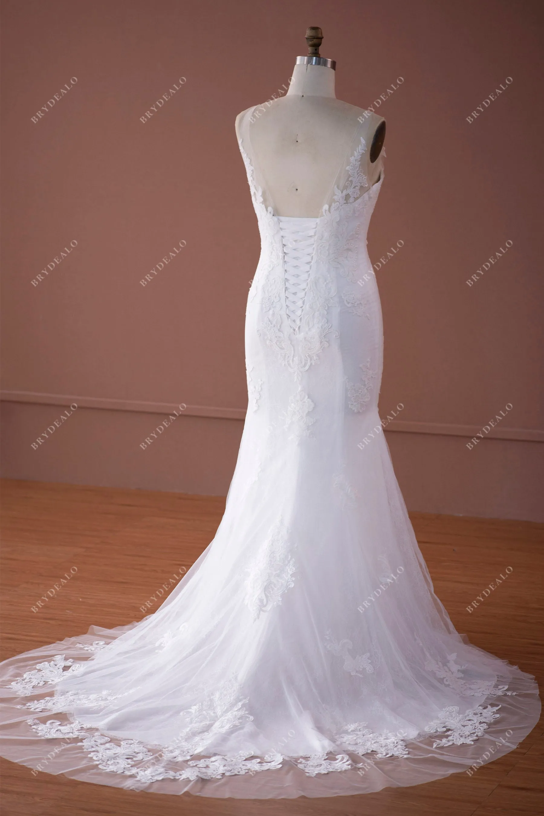 Designer Lace Straps Illusion Neck Mermaid Wedding Dress