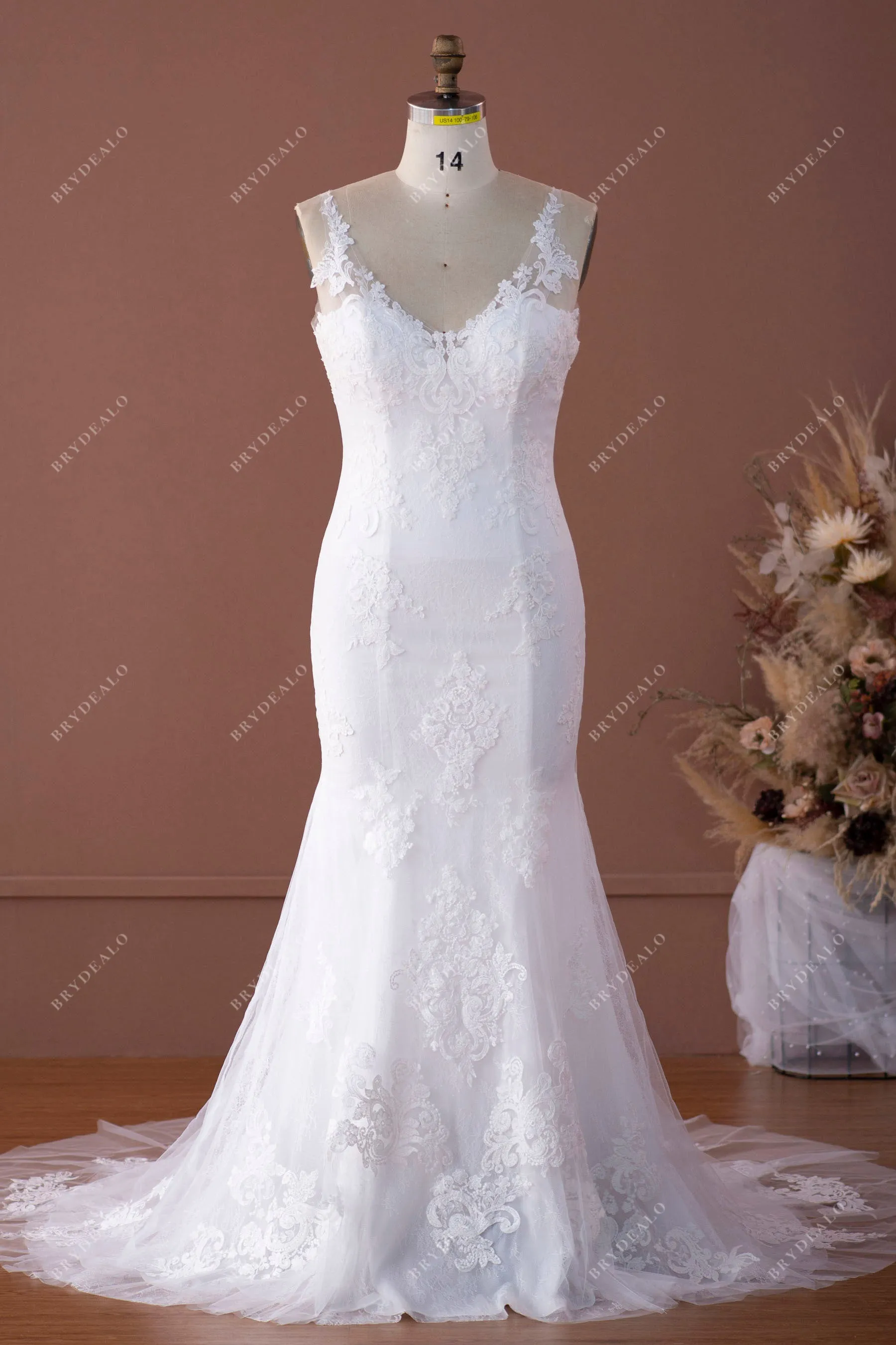 Designer Lace Straps Illusion Neck Mermaid Wedding Dress