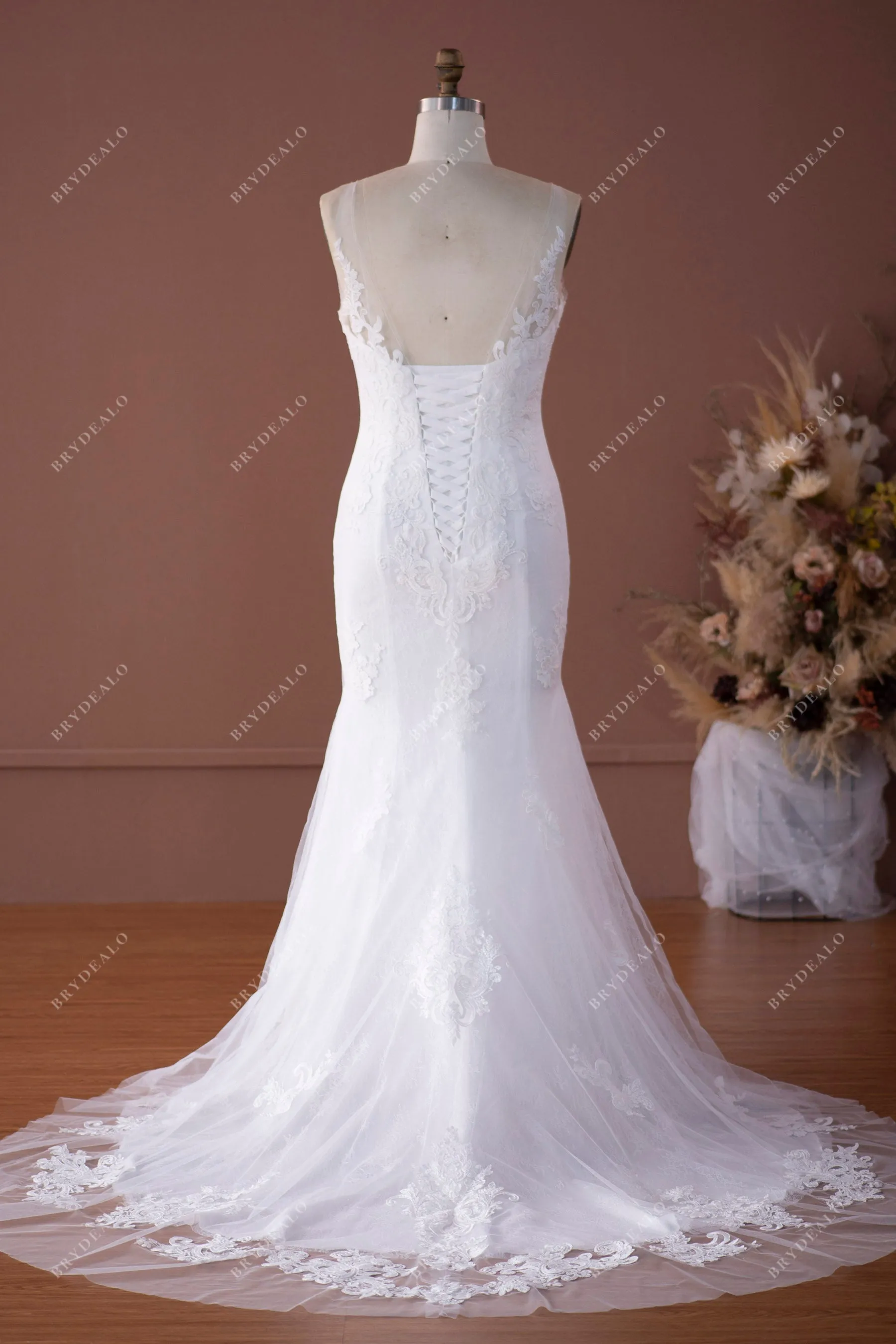 Designer Lace Straps Illusion Neck Mermaid Wedding Dress