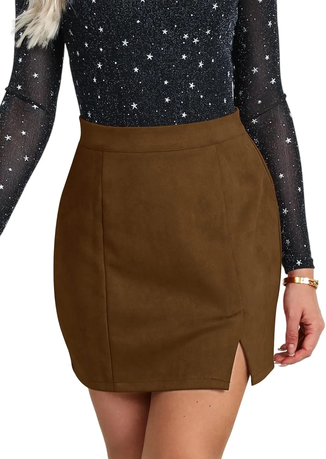 Ezcosplay Women Faux Suede Sexy Mini Skirt with Slit High Waisted Zipper Back Pencil Bodycon Short Skirts