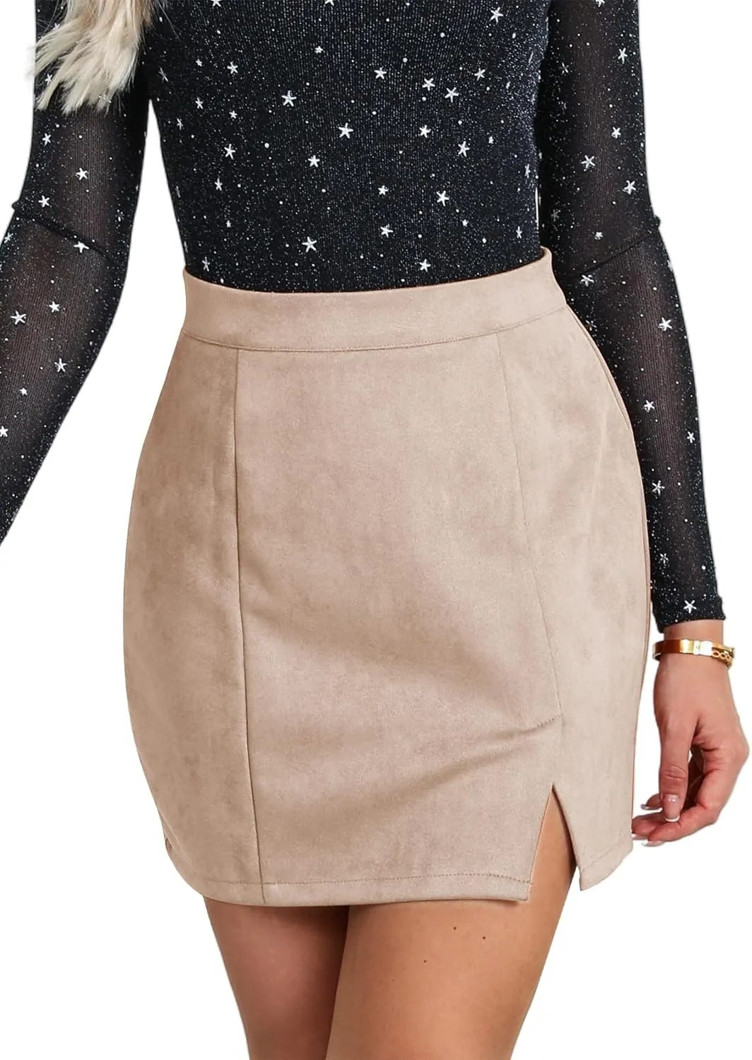 Ezcosplay Women Faux Suede Sexy Mini Skirt with Slit High Waisted Zipper Back Pencil Bodycon Short Skirts