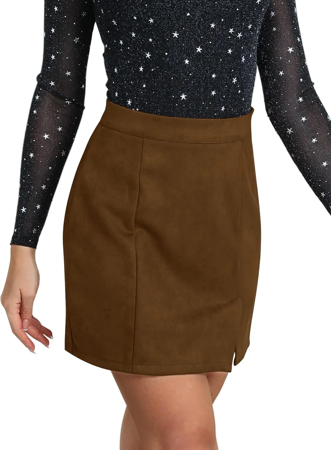 Ezcosplay Women Faux Suede Sexy Mini Skirt with Slit High Waisted Zipper Back Pencil Bodycon Short Skirts