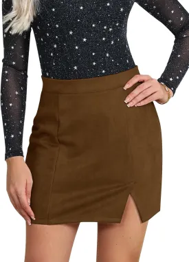 Ezcosplay Women Faux Suede Sexy Mini Skirt with Slit High Waisted Zipper Back Pencil Bodycon Short Skirts