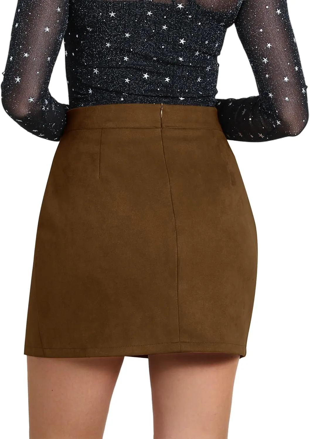 Ezcosplay Women Faux Suede Sexy Mini Skirt with Slit High Waisted Zipper Back Pencil Bodycon Short Skirts