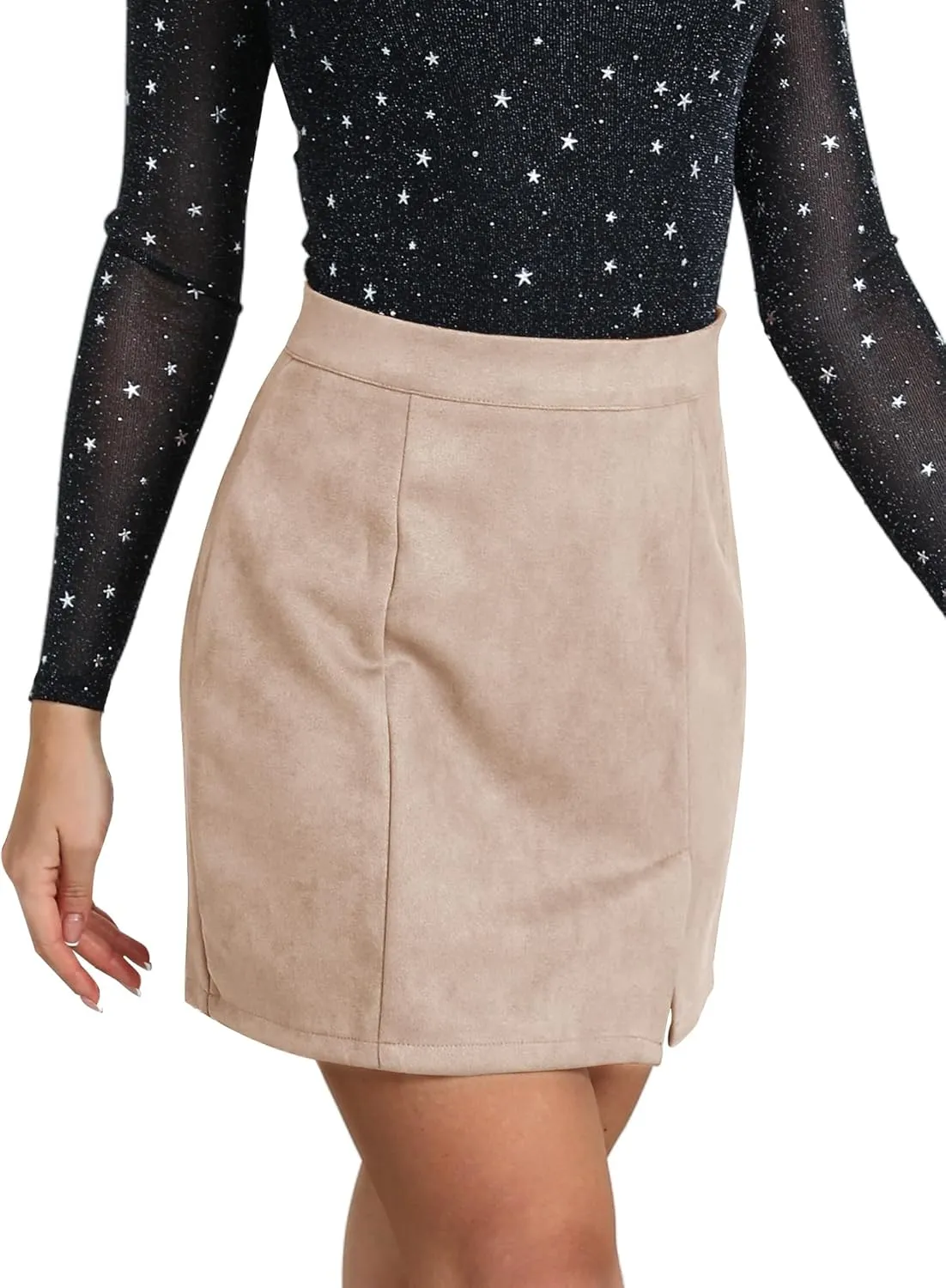 Ezcosplay Women Faux Suede Sexy Mini Skirt with Slit High Waisted Zipper Back Pencil Bodycon Short Skirts