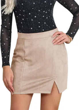 Ezcosplay Women Faux Suede Sexy Mini Skirt with Slit High Waisted Zipper Back Pencil Bodycon Short Skirts