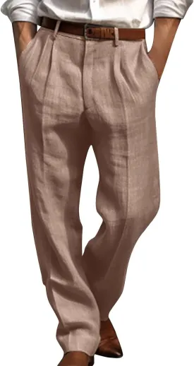 Finelylove Cotton Linen Pants Men Straight Leg Pleated Work Dress Pants Relaxed Fit Casual Leisure Chino Trousers