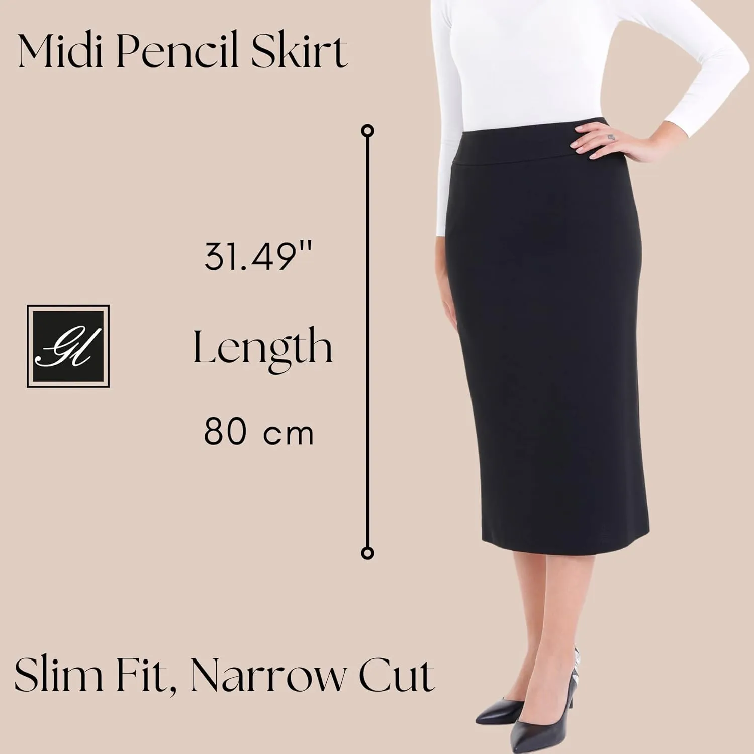 G-Line Pencil Midi Skirts for Women - Petite to Plus Size Midi Skirt - High Waisted, Back Slit, Knee Length Women's Skirts