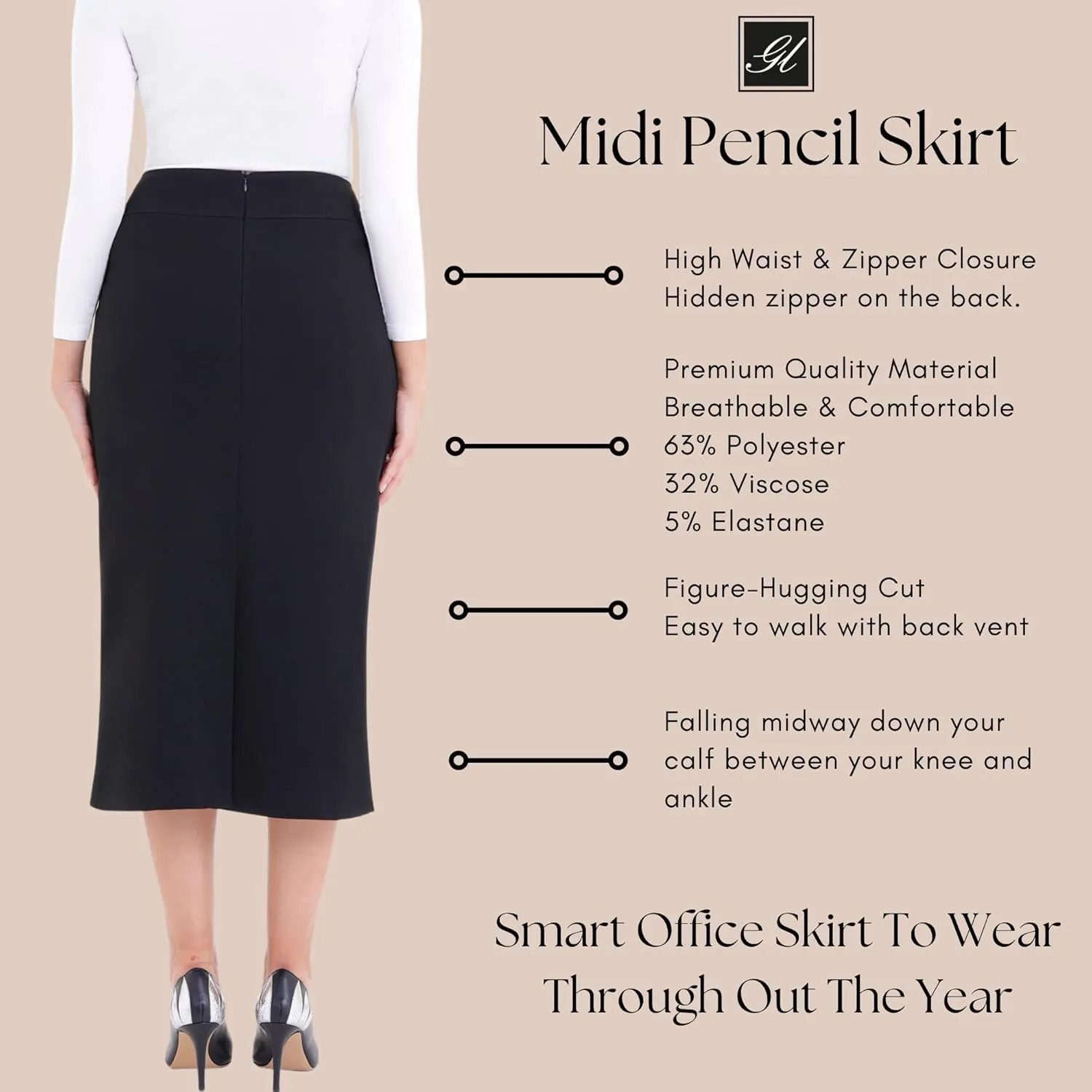 G-Line Pencil Midi Skirts for Women - Petite to Plus Size Midi Skirt - High Waisted, Back Slit, Knee Length Women's Skirts