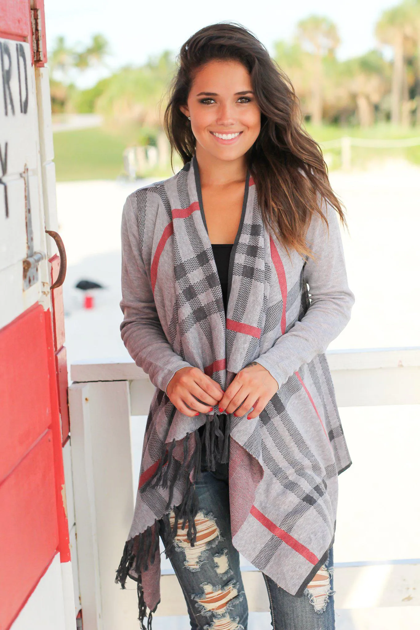 Gray Plaid Cardigan with Tassels