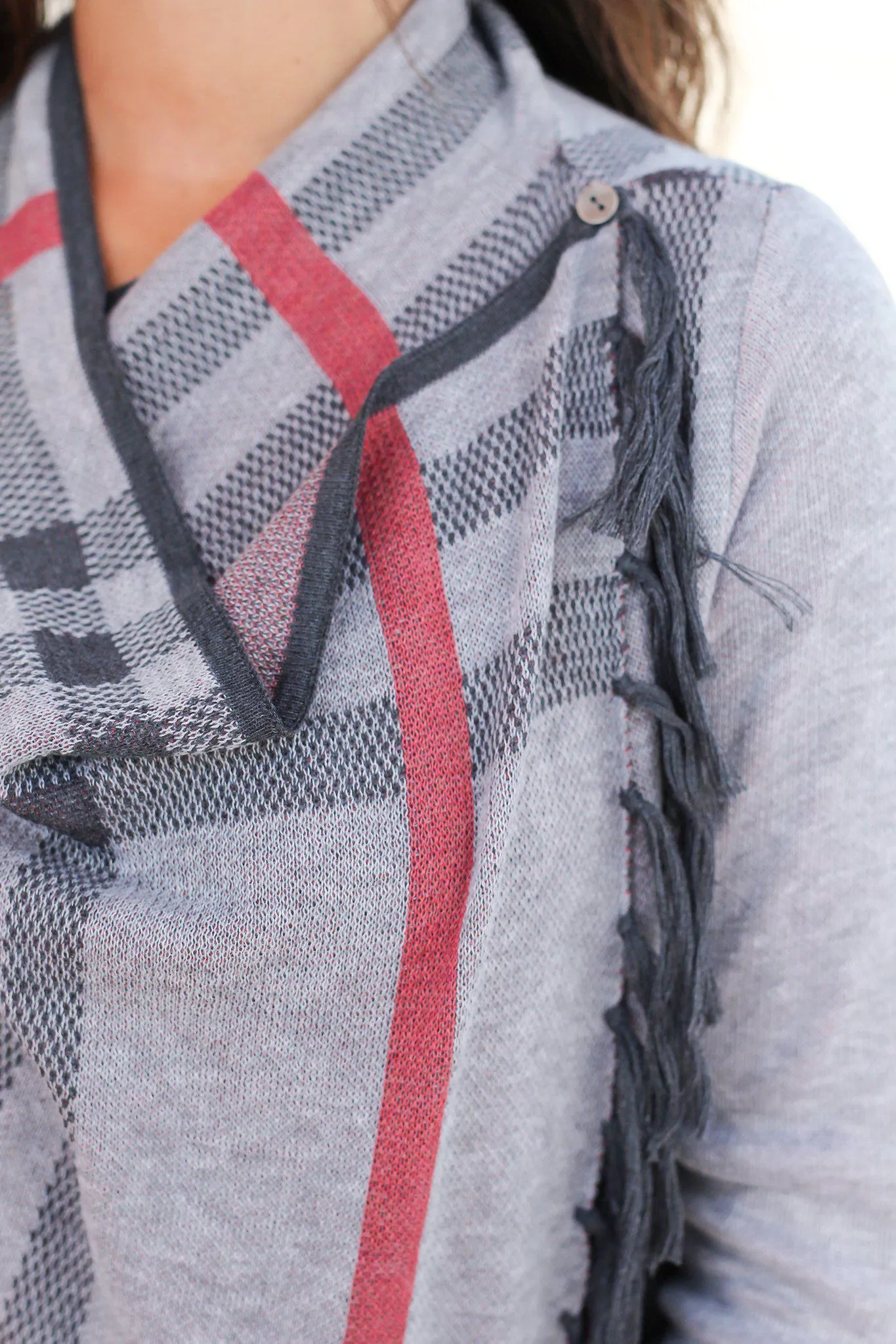 Gray Plaid Cardigan with Tassels