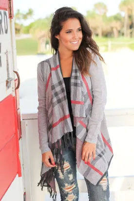 Gray Plaid Cardigan with Tassels