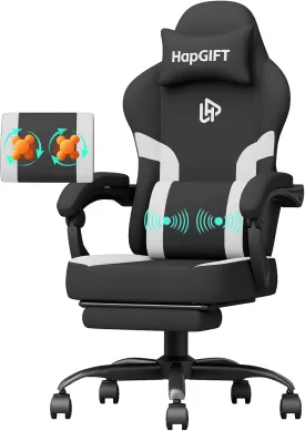 HapGIFT Gaming Chair, Computer Chair with Massage Lumbar Support, Ergonomic Gaming Chair with Footrest, High Back Adjustable Technical Fabric with Headrest, Gamer Chair for Adults (Black-White)