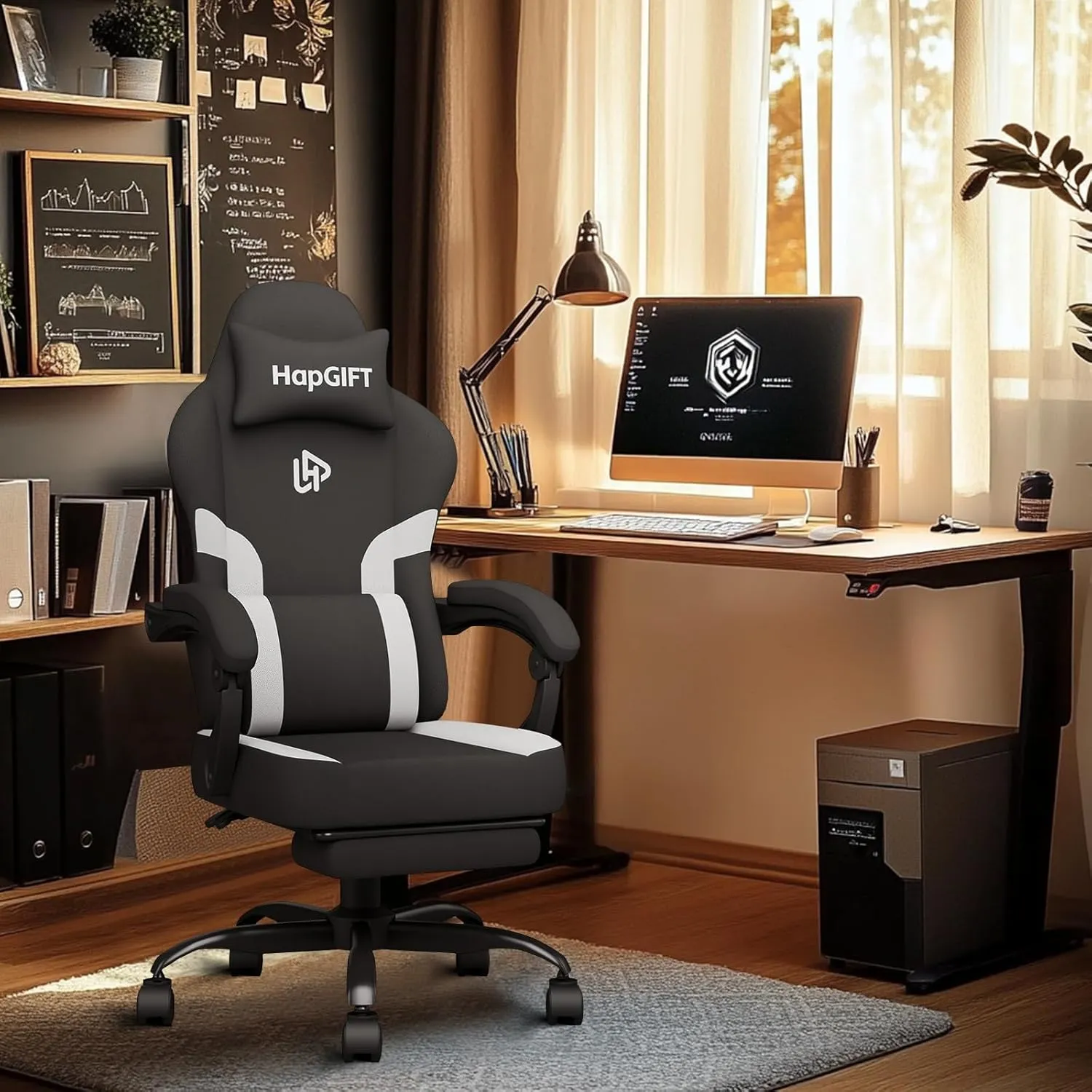 HapGIFT Gaming Chair, Computer Chair with Massage Lumbar Support, Ergonomic Gaming Chair with Footrest, High Back Adjustable Technical Fabric with Headrest, Gamer Chair for Adults (Black-White)