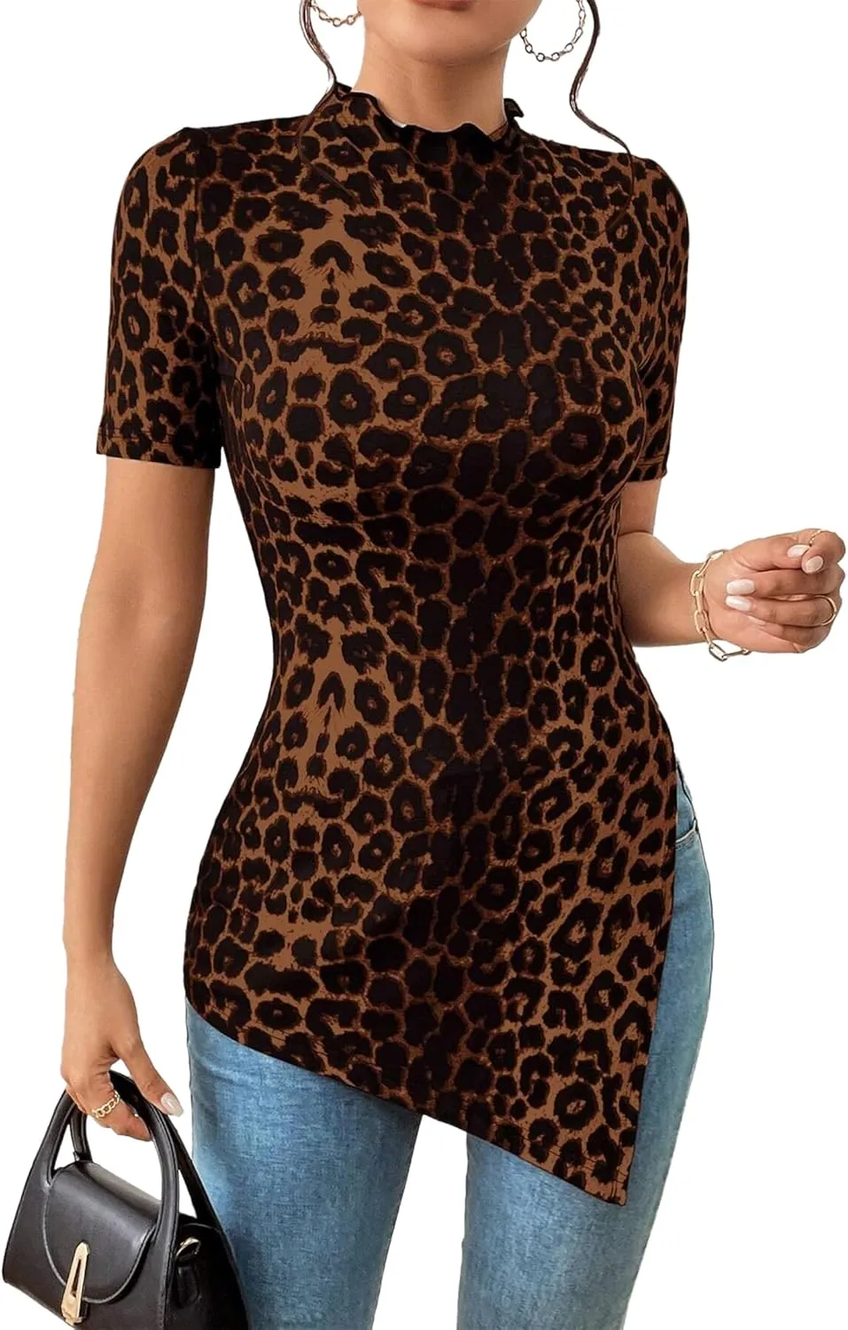 Hilinker Women's Leopard Print Split Hem Tops Summer Mock Neck Short Sleeve Shirts